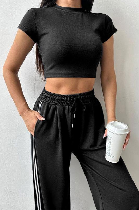 Casual Two Piece Crop Top and High Waist Pants Set