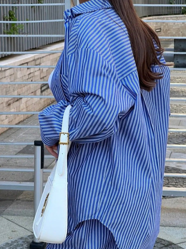 Loose Sapphire Blue Striped Long-Sleeve Two-Piece For Women