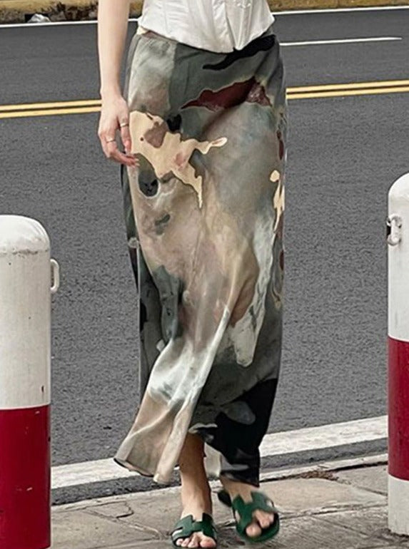 Vintage Camouflage Print Long Skirt