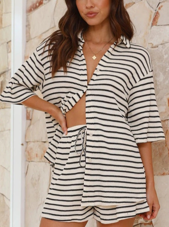 White Striped Half Sleeve Tops and Shorts Set