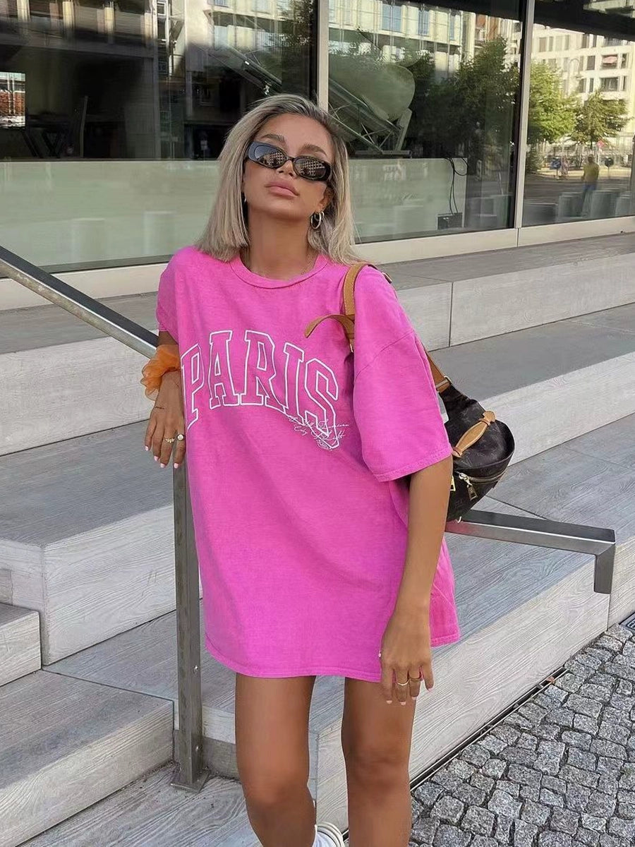 Pink Retro Vintage Letter Short Sleeve Oversize Shirt