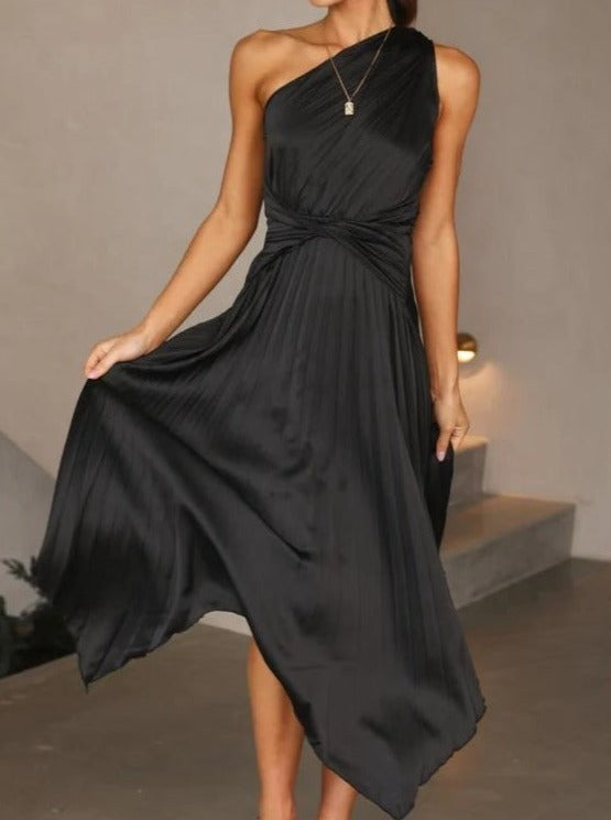 Solid Color One Shoulder Pleated Asymmetrical Dress