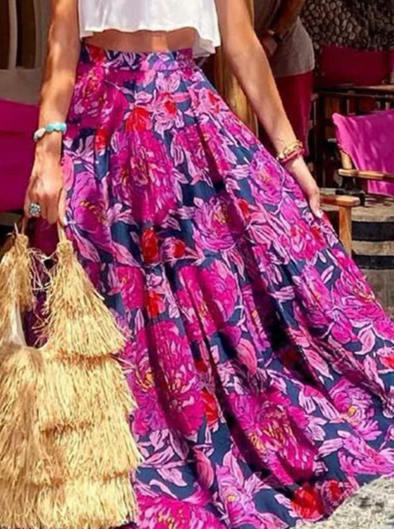 Purple Floral Fantasy Print High Waist Elastic Waist Long Skirt