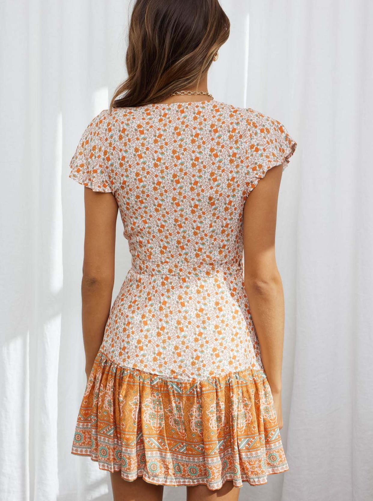 Orange Deep V-Neck Bohemian Mini Dress