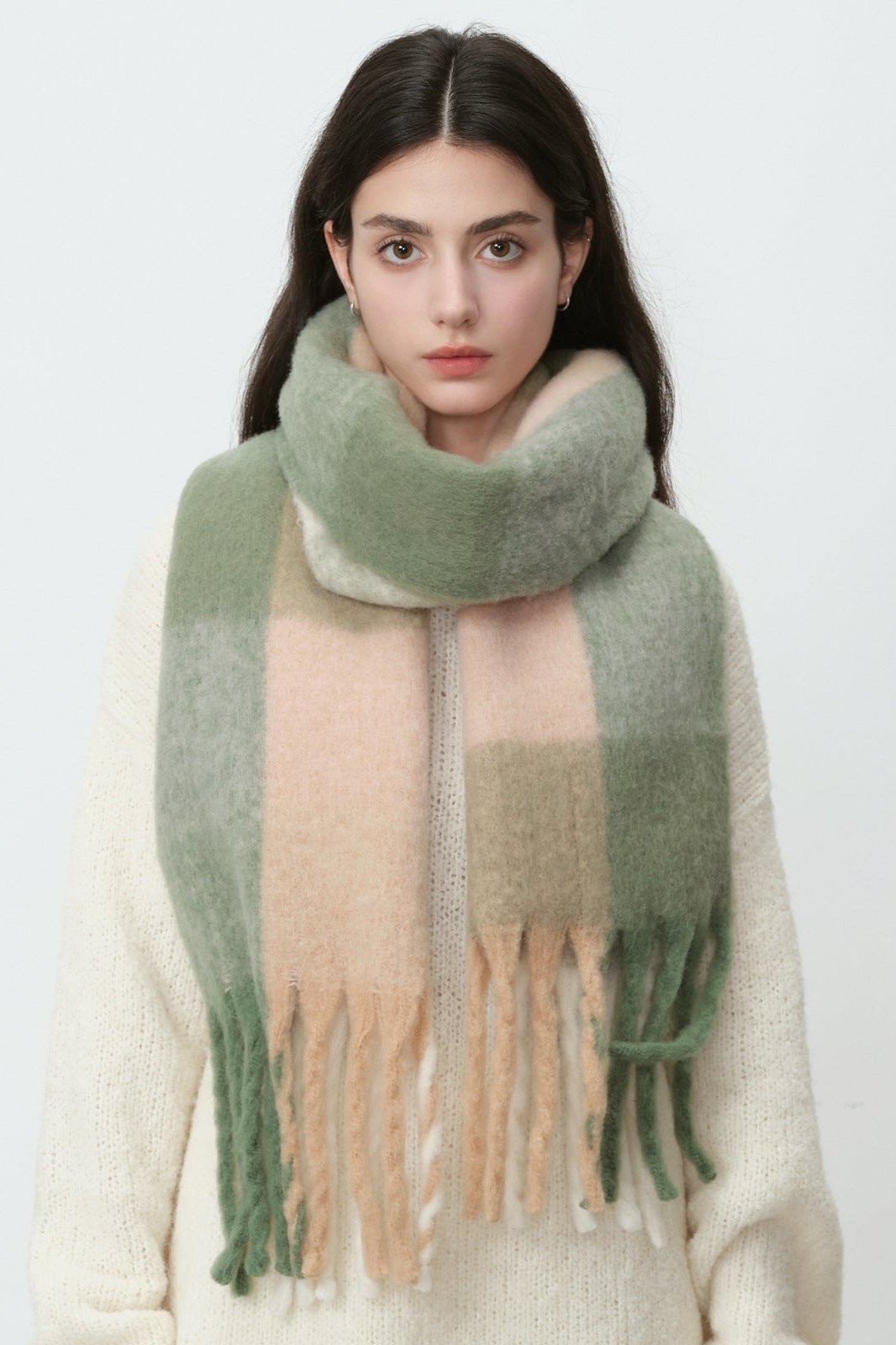 Casual Pastel Green Plaid Tassel Long Scarf