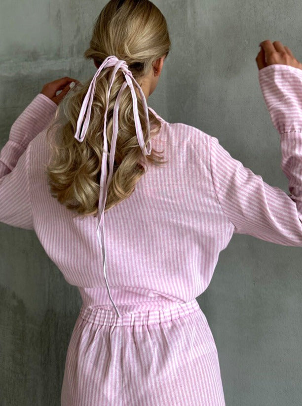 Pink flæsede stribet langærmet pyjamassæt 