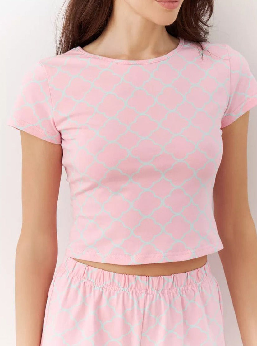 Spring Printed Short Sleeve Pink Pajama Two Piece