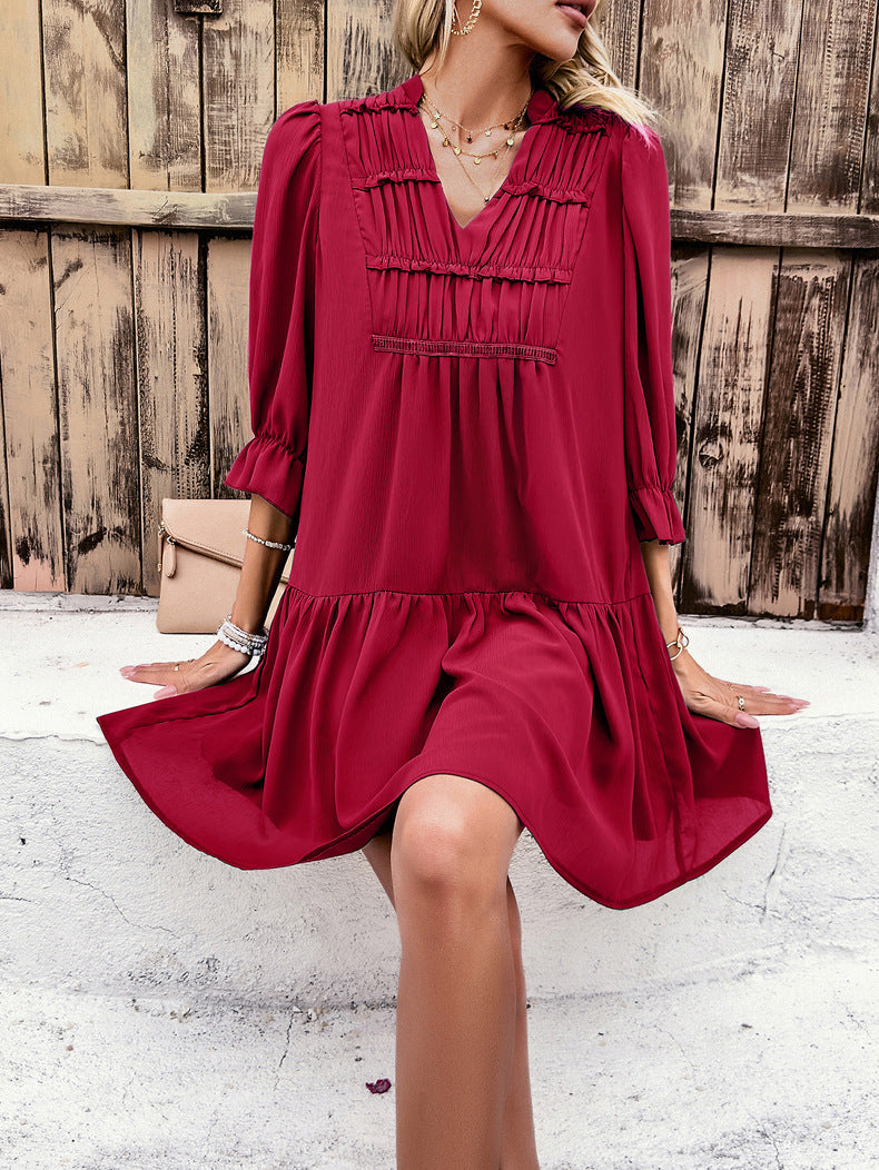 V-Neck Solid Color Half Sleeve Dress