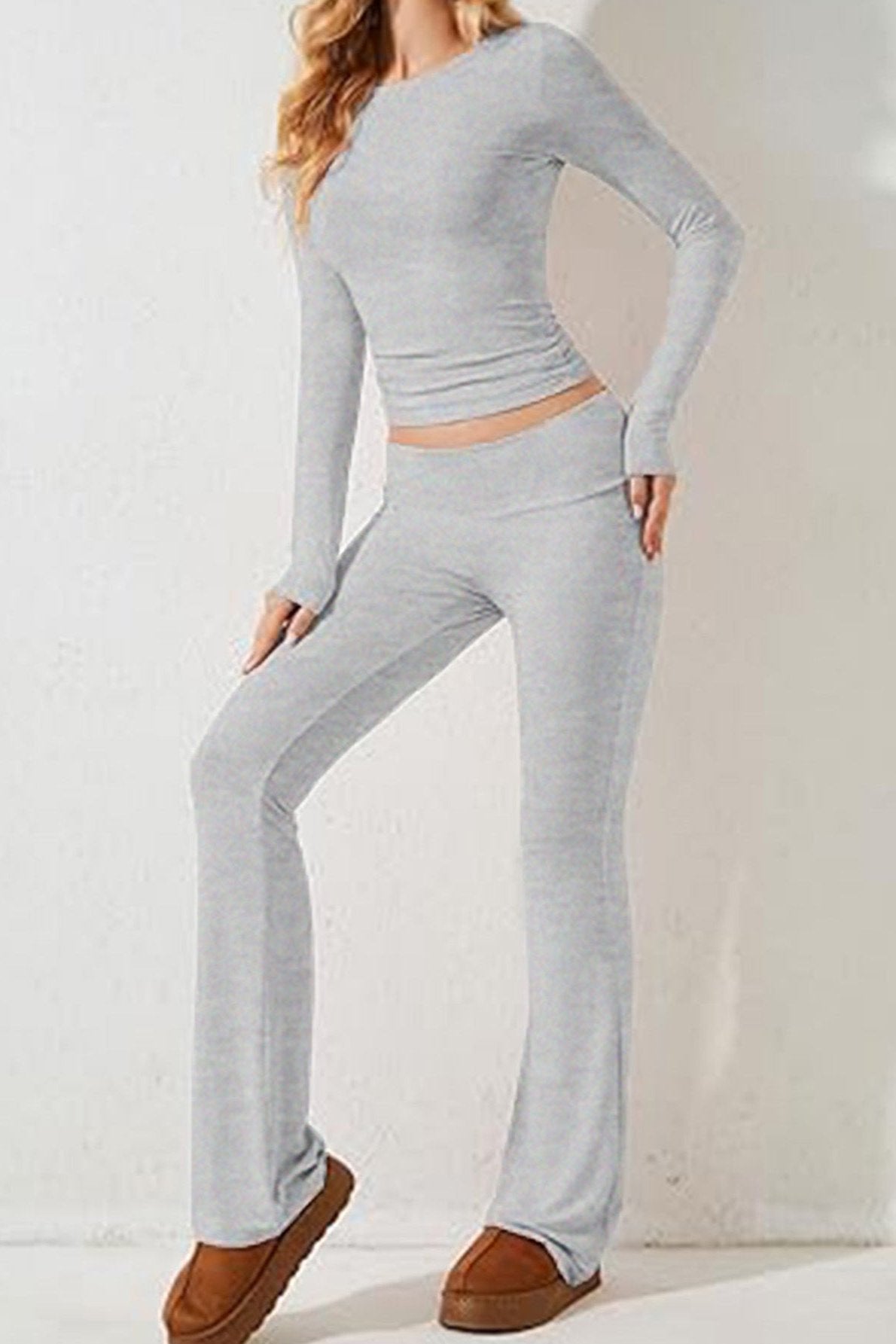 Two Piece Long Sleeve Crop Top Flare Pants Set