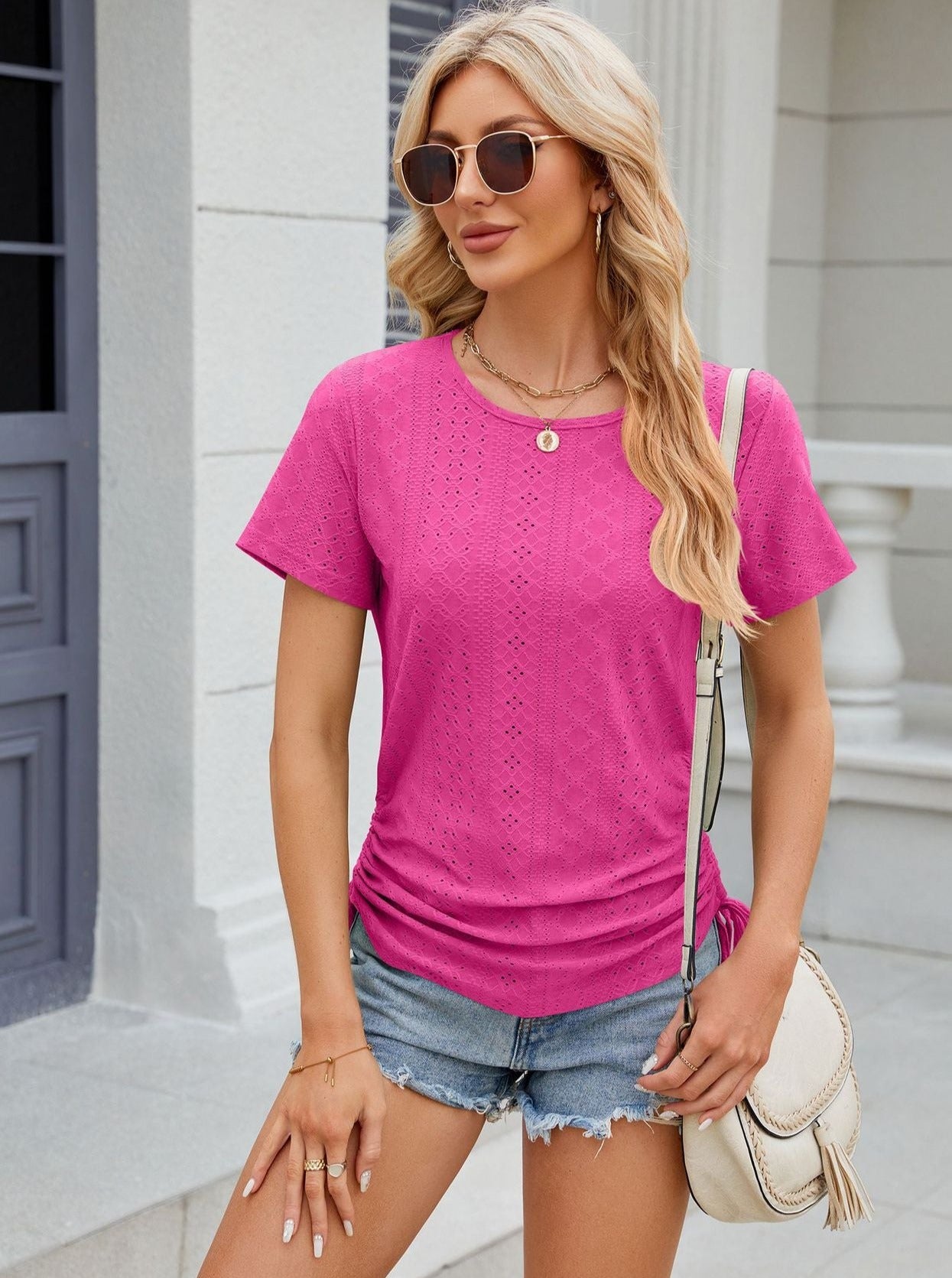 Barbie Pink Round Neck Loose Drawstring Short Sleeves Shirt