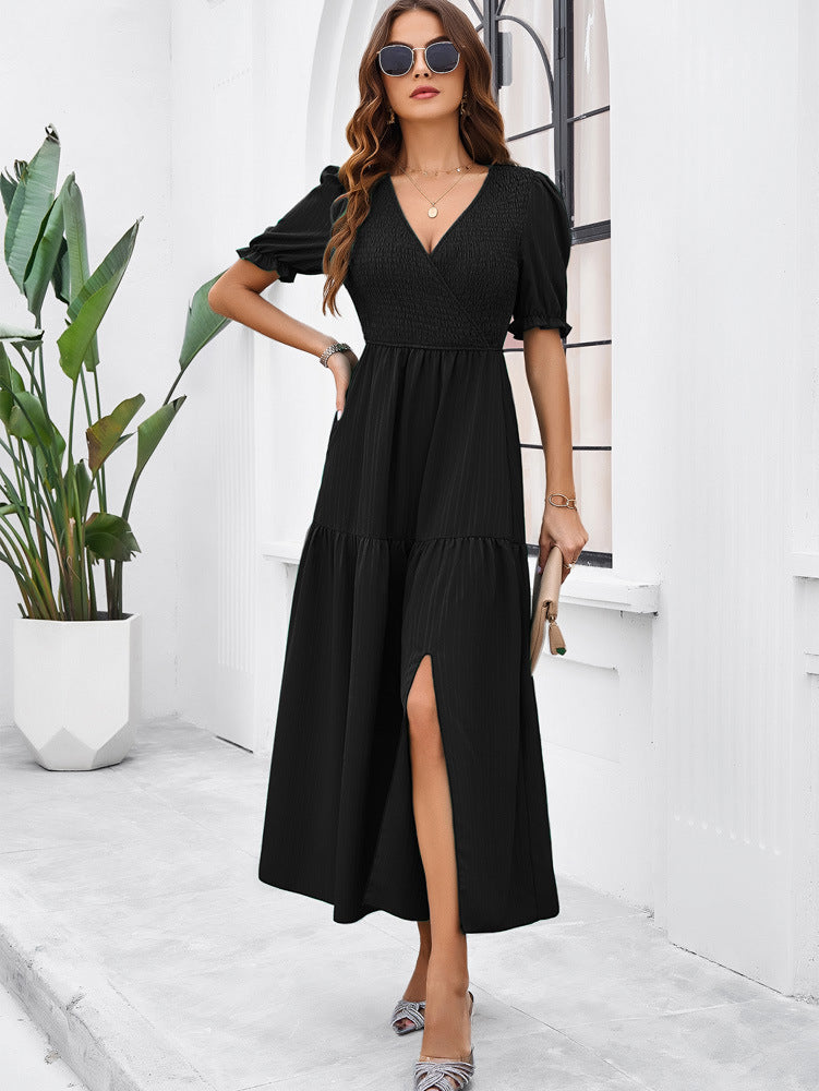 V-Neck Short Sleeved Long Dress