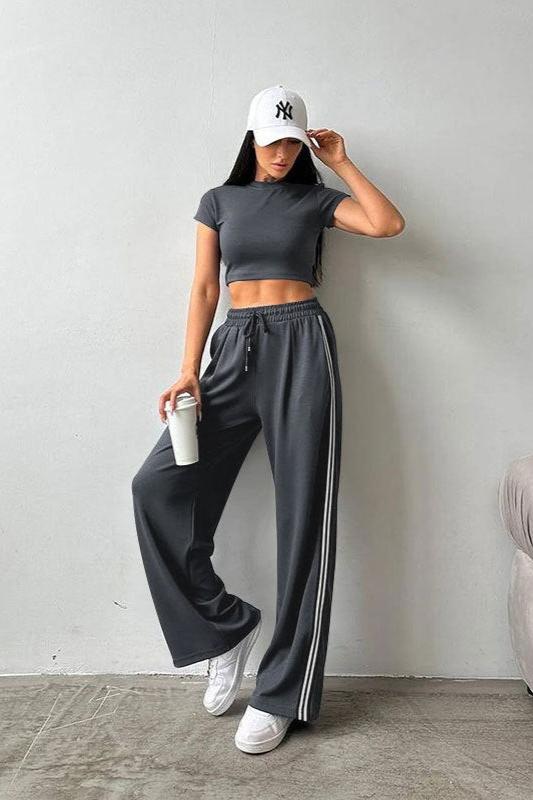 Sporty Short Sleeve Crop Top and Pants Set