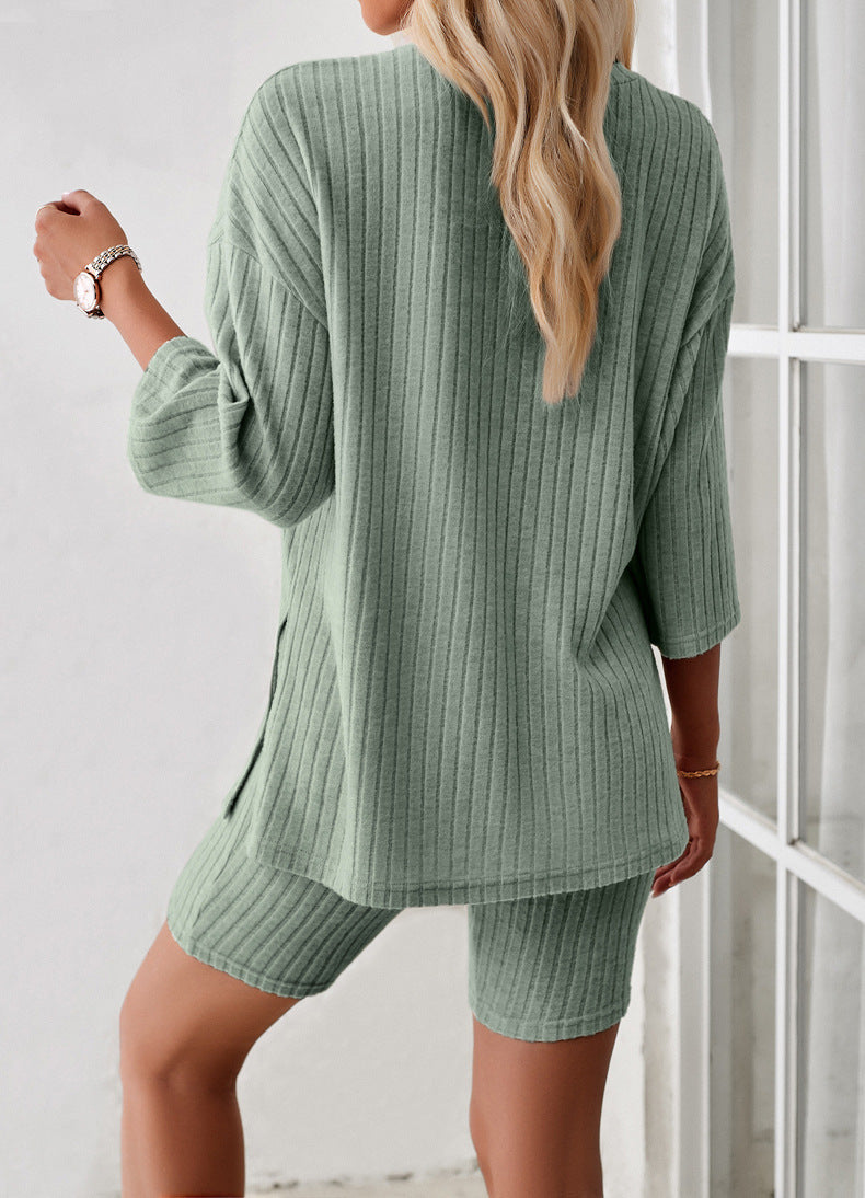 Long Sleeve Knitted Shirt and Shorts Set