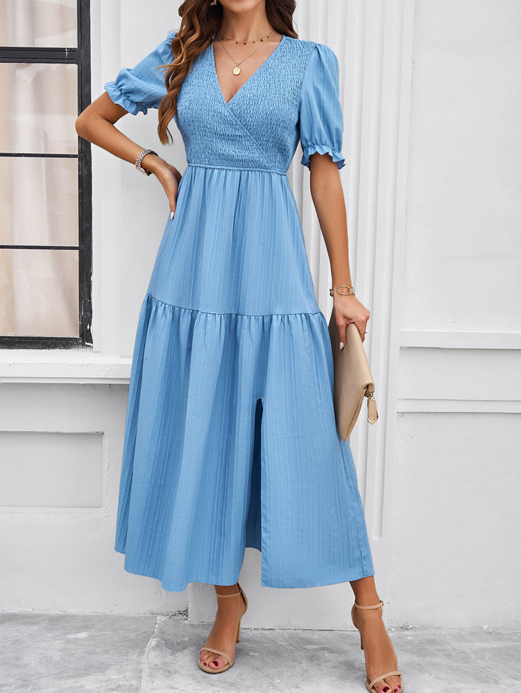 V-Neck Short Sleeved Long Dress