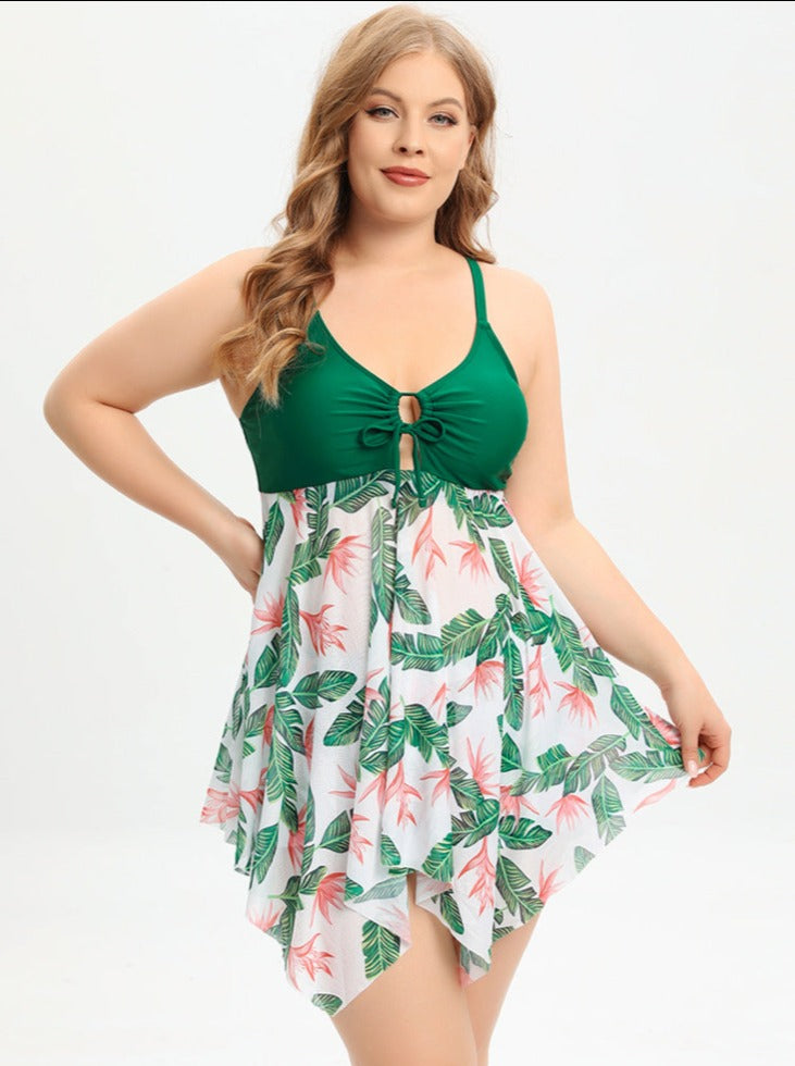 Plus Size Mesh Printed High Waist Dress Swim Wear
