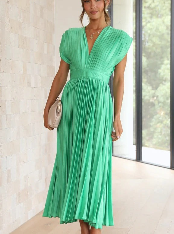 Green Casual V-Neck Pleated Dress