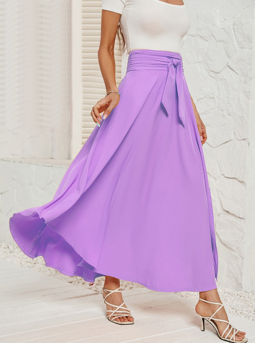 Solid Color Tie Waist Flared Lace Skirt