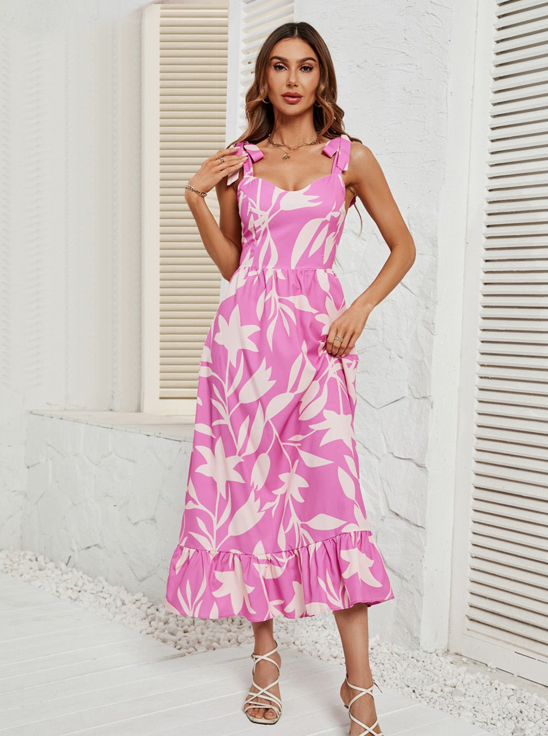Tropical Summer V-Neck Ruffled Halter Midi Dress