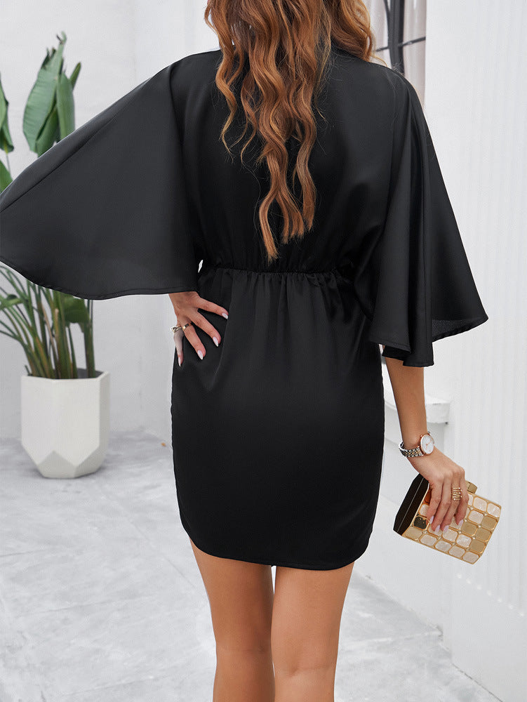 Black Elegant Pure Color Waist Dress