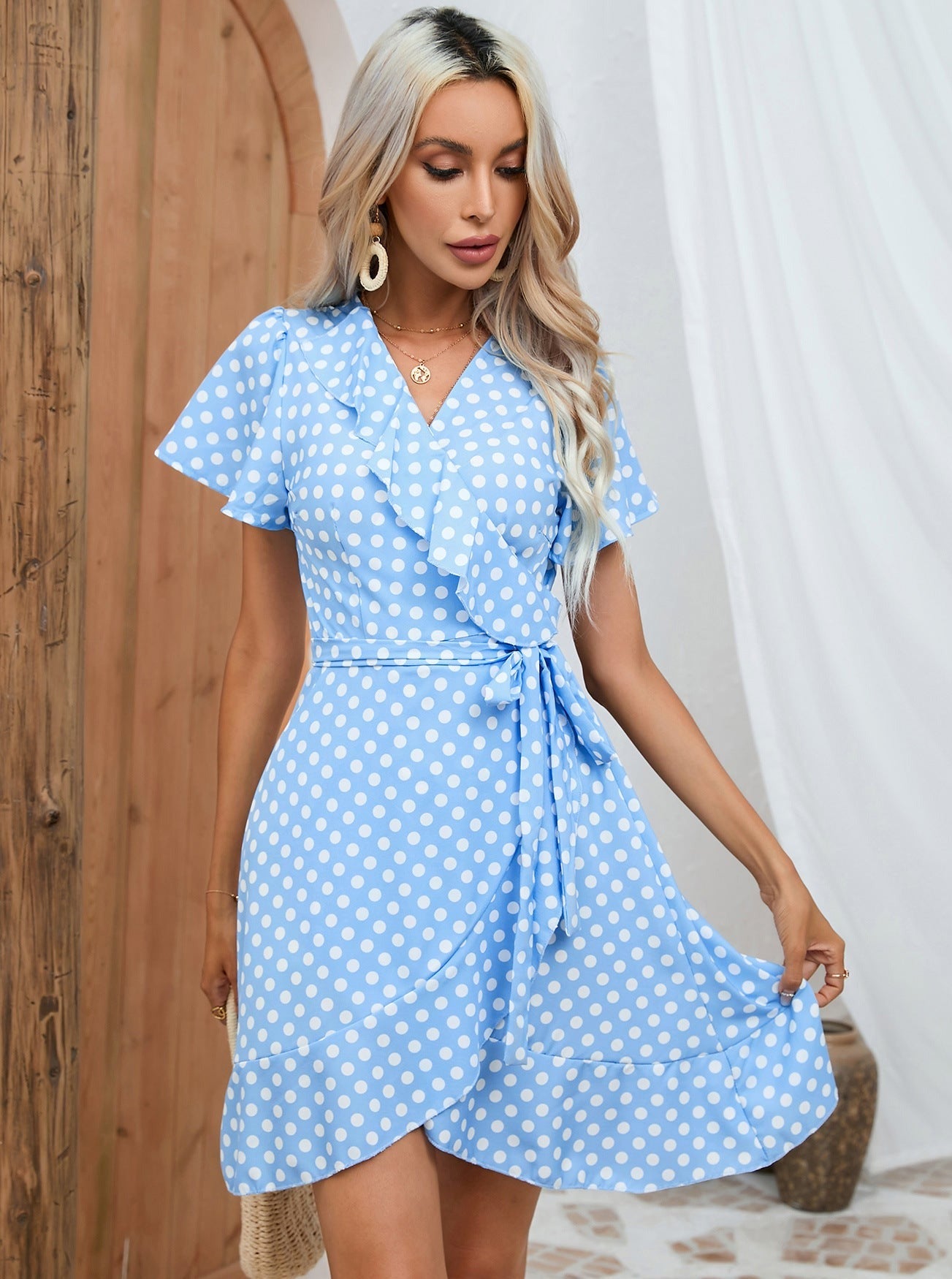Blue Polka Dot V-Neck Short Sleeve Lace-Up Mini Dress