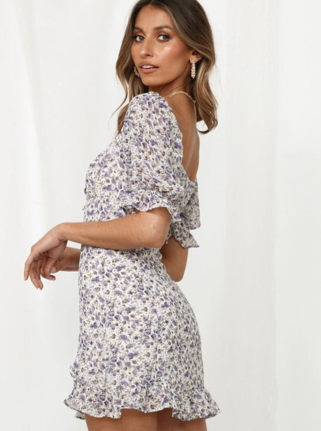 Floral Printed Square Neck Fluff Sleeve Dress