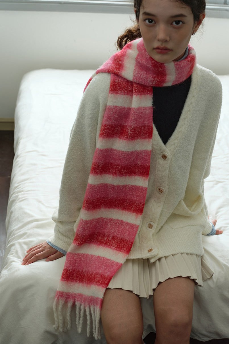 Soft Stripe Wool Short Tassel Scarf