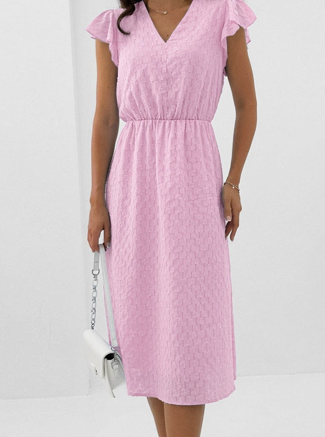 Elegant V-Neck Solid Color Flared Dress