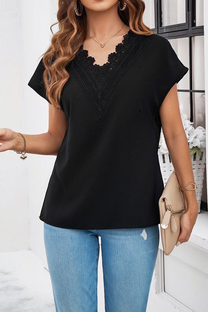 Elegant V-Neck Lace Short Sleeve Shirt