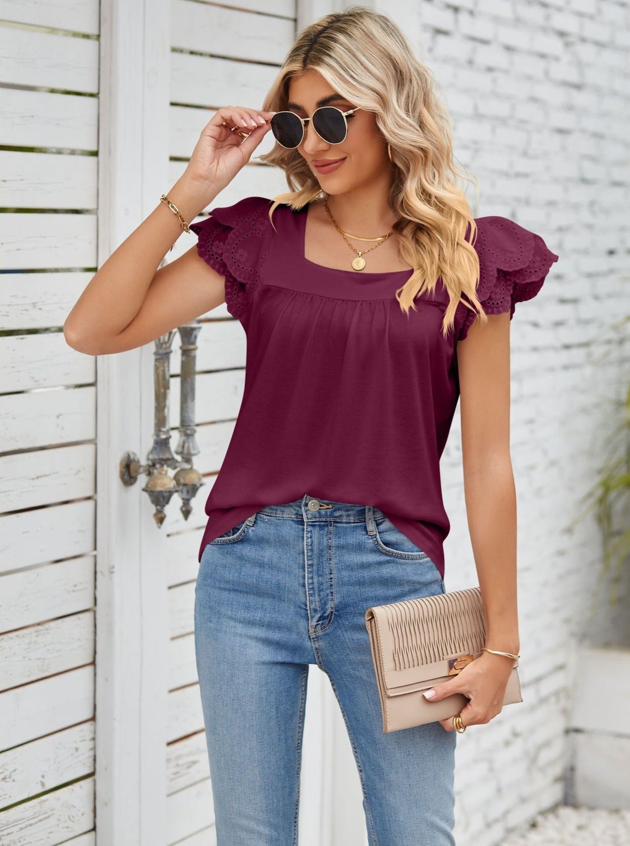 Wine Lace Stitching Square Collar Petal Short-Sleeved Shirt