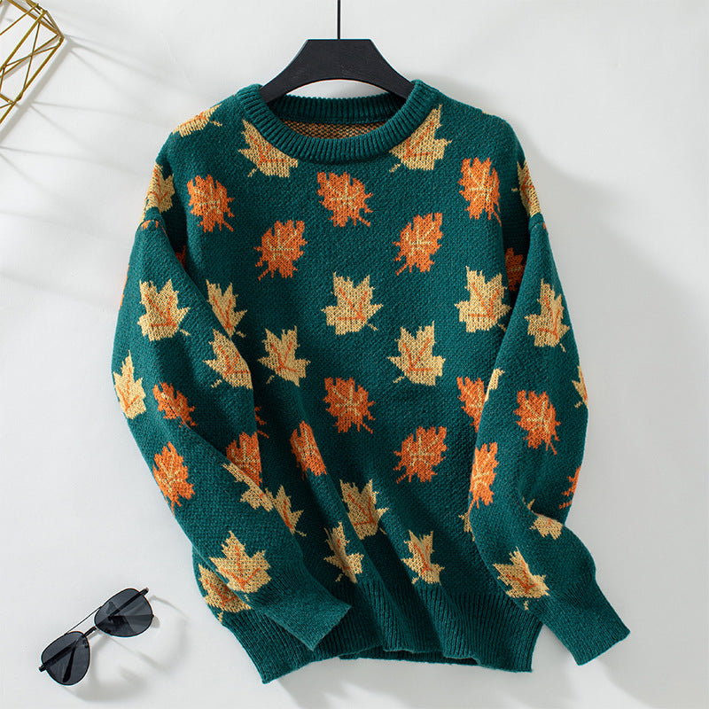 Maple Leaf Printed Long Sleeve Knitted Sweatshirt