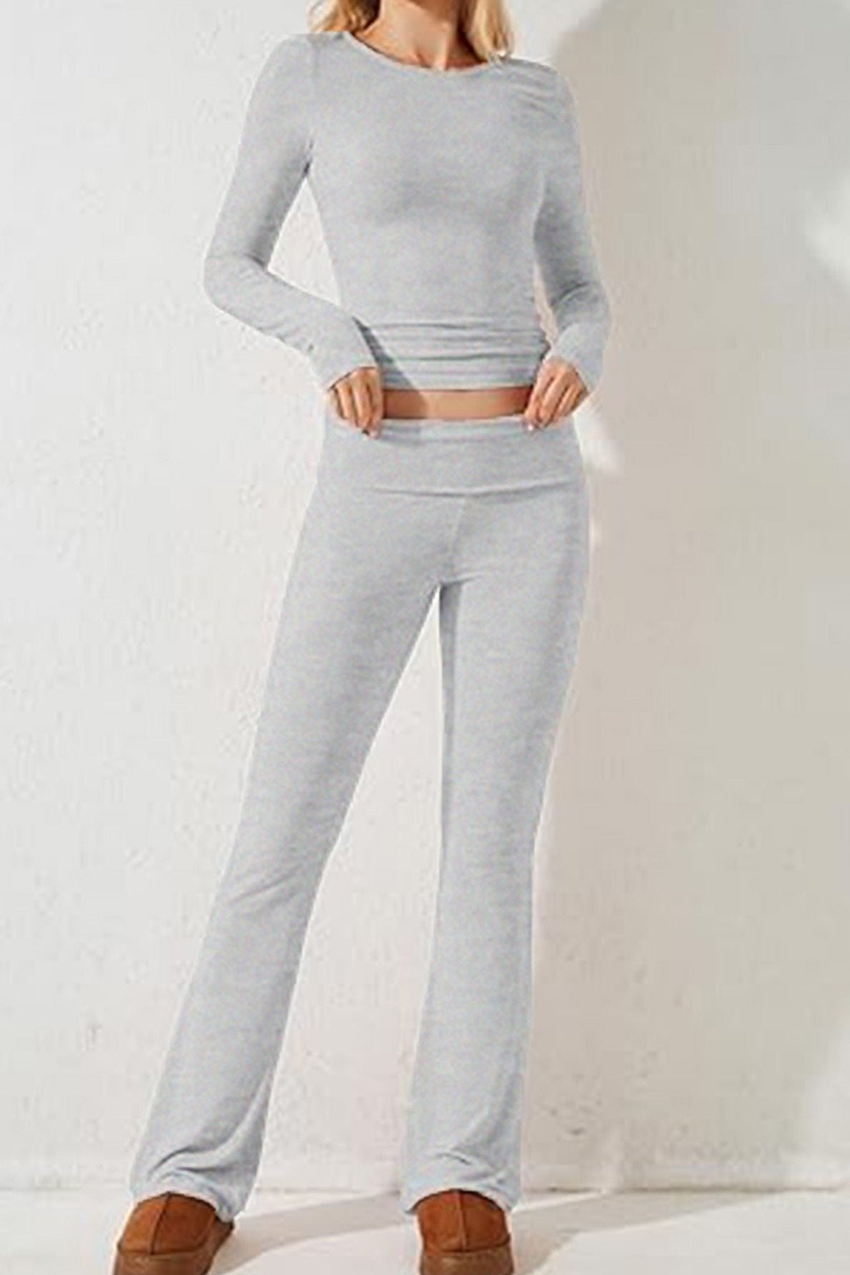 Two Piece Long Sleeve Crop Top Flare Pants Set