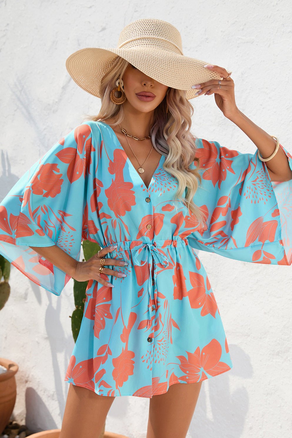 Tropical Printed Half Sleeve Mini Dress