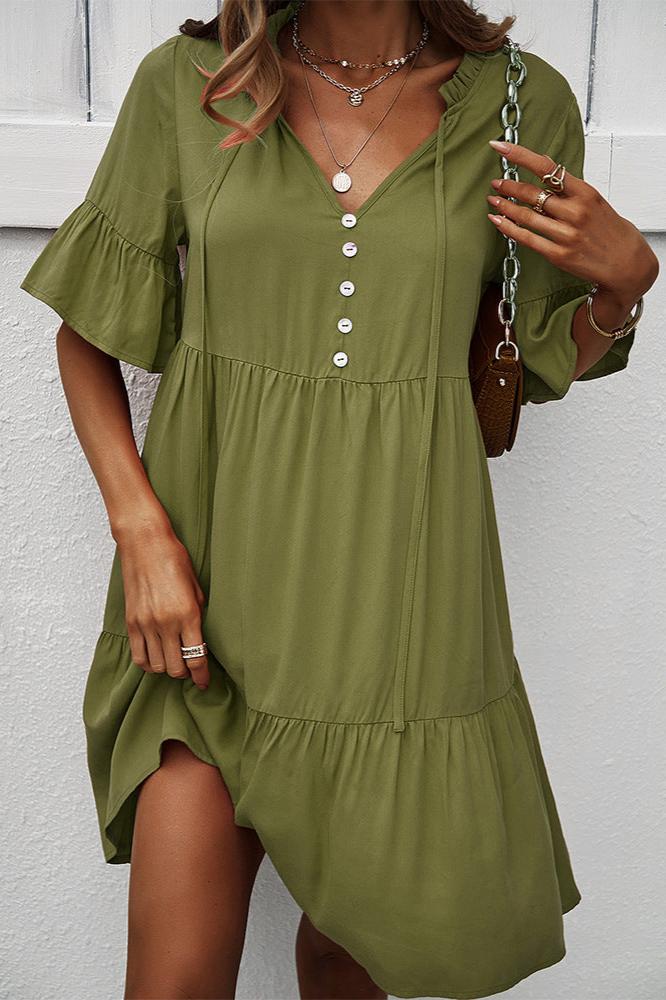 Sexy Frill V-Neck Drawstring Tie Smock Dress