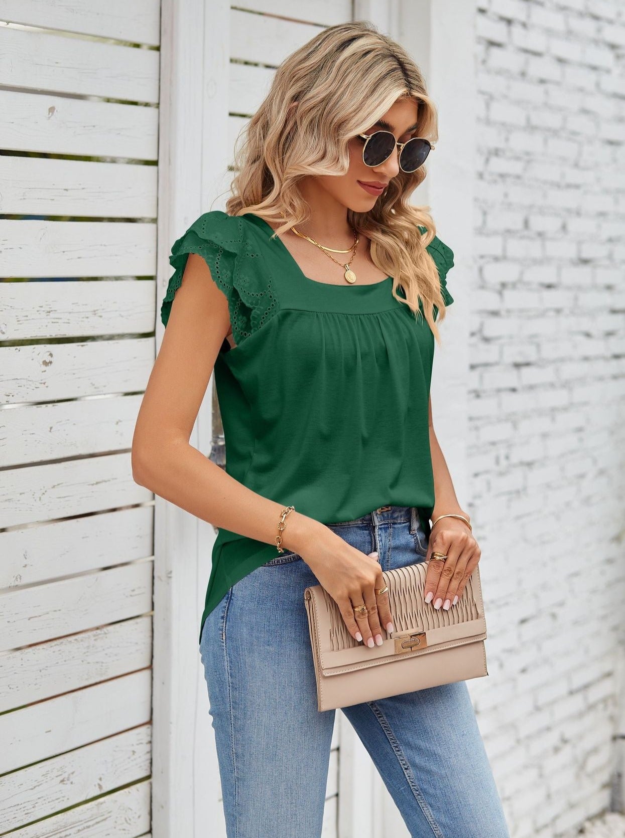 Green Lace Stitching Square Collar Petal Short-Sleeved Shirt