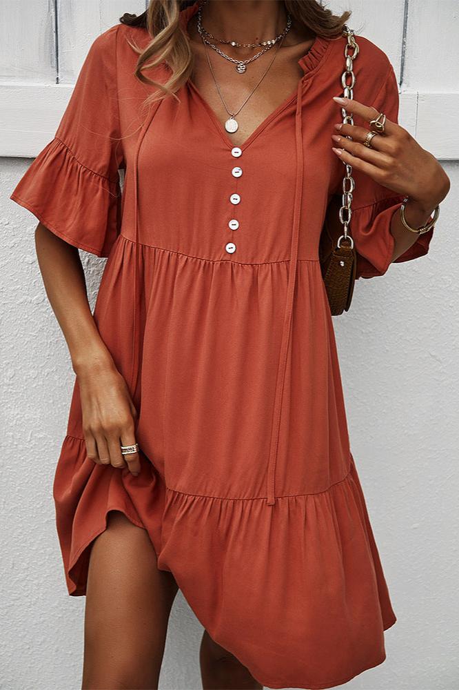 Sexy Frill V-Neck Drawstring Tie Smock Dress