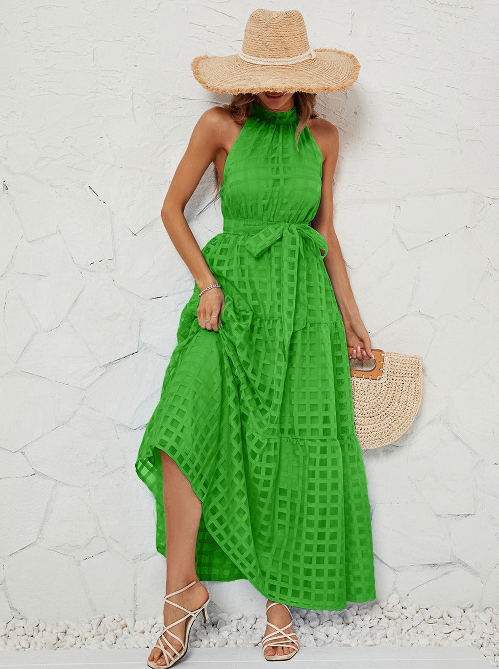 Green Halter Mesh Belted Maxi Dress