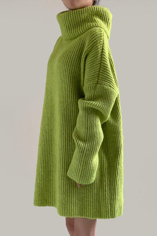 Loose Green Wool Knitted Turtle Neck Pull Over Sweater