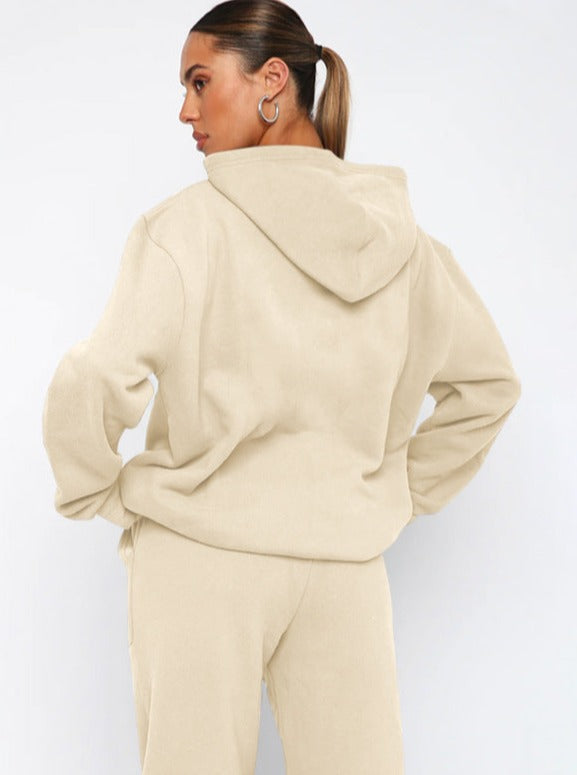 Casual Apricot Hooded Long Sleeve Sweater and Trousers Set