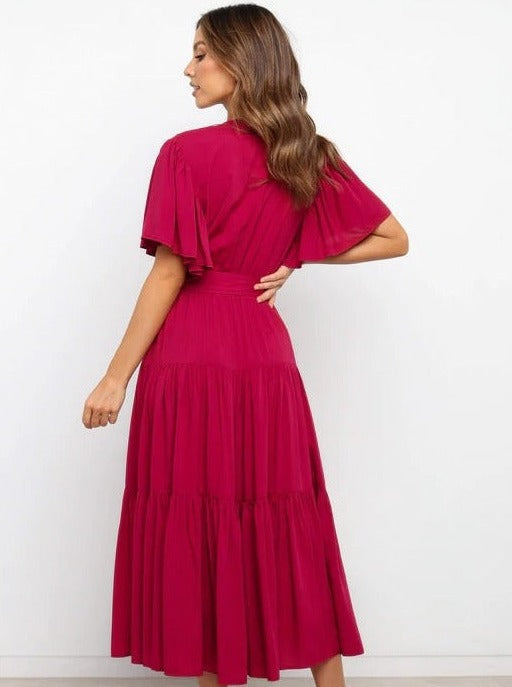 Elegant bindebånd i taljen ensfarvet lagdelt kjole 