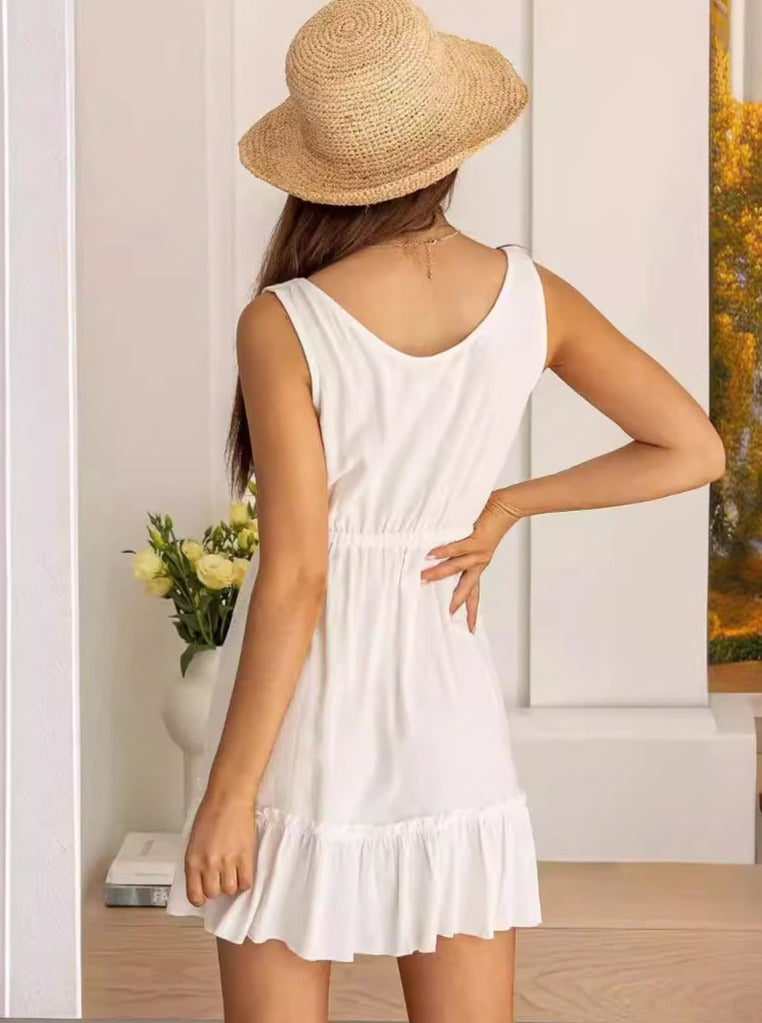 Casual White Sleeveless Elastic Waist Pullover Dress