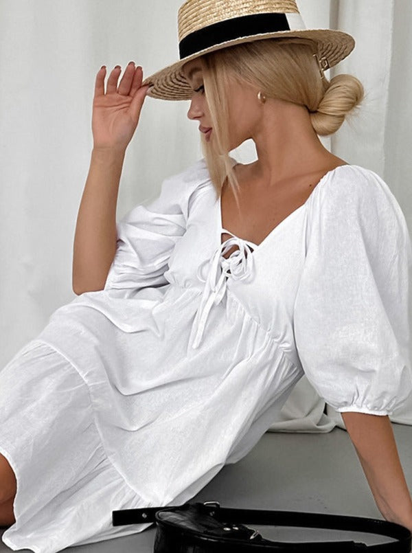 Elegant White Puff Sleeve Drawstring Dress