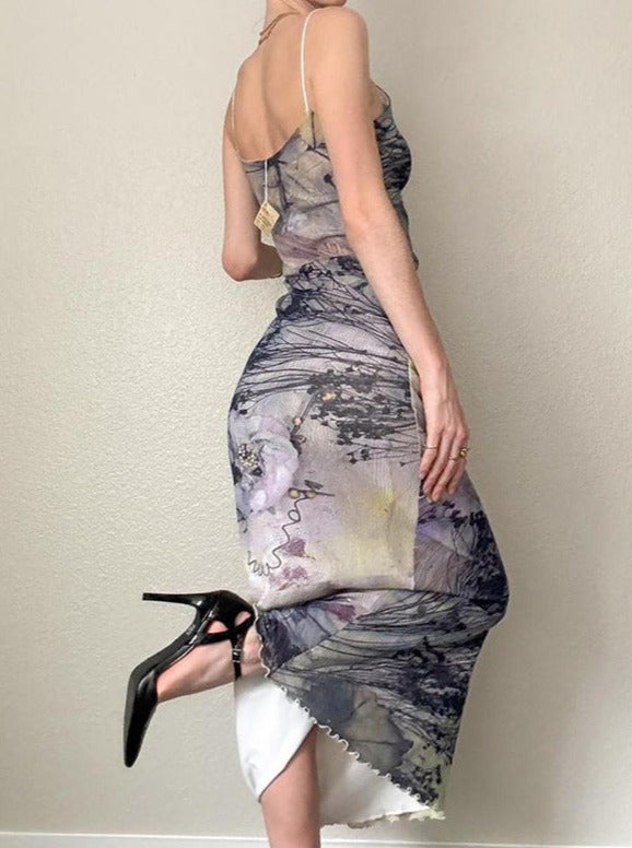 Classical Landscape Print Suspender Pleated Waist Slim Fishtail Dress
