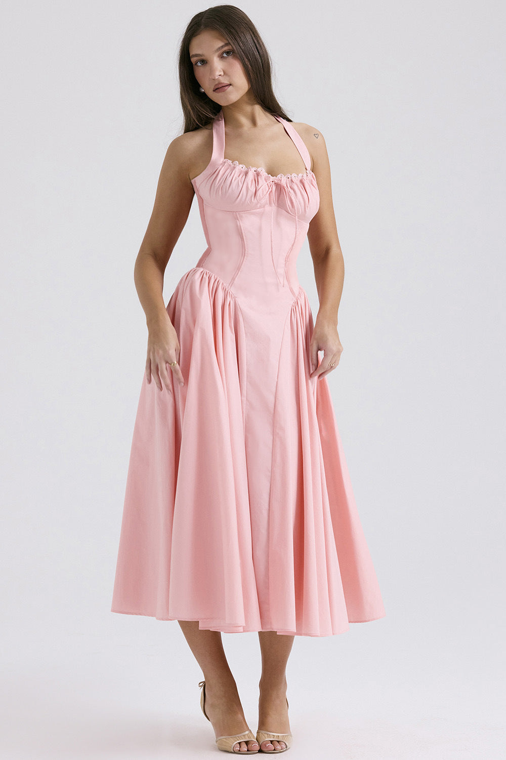 Halter Neck Laced Flared Maxi Dress