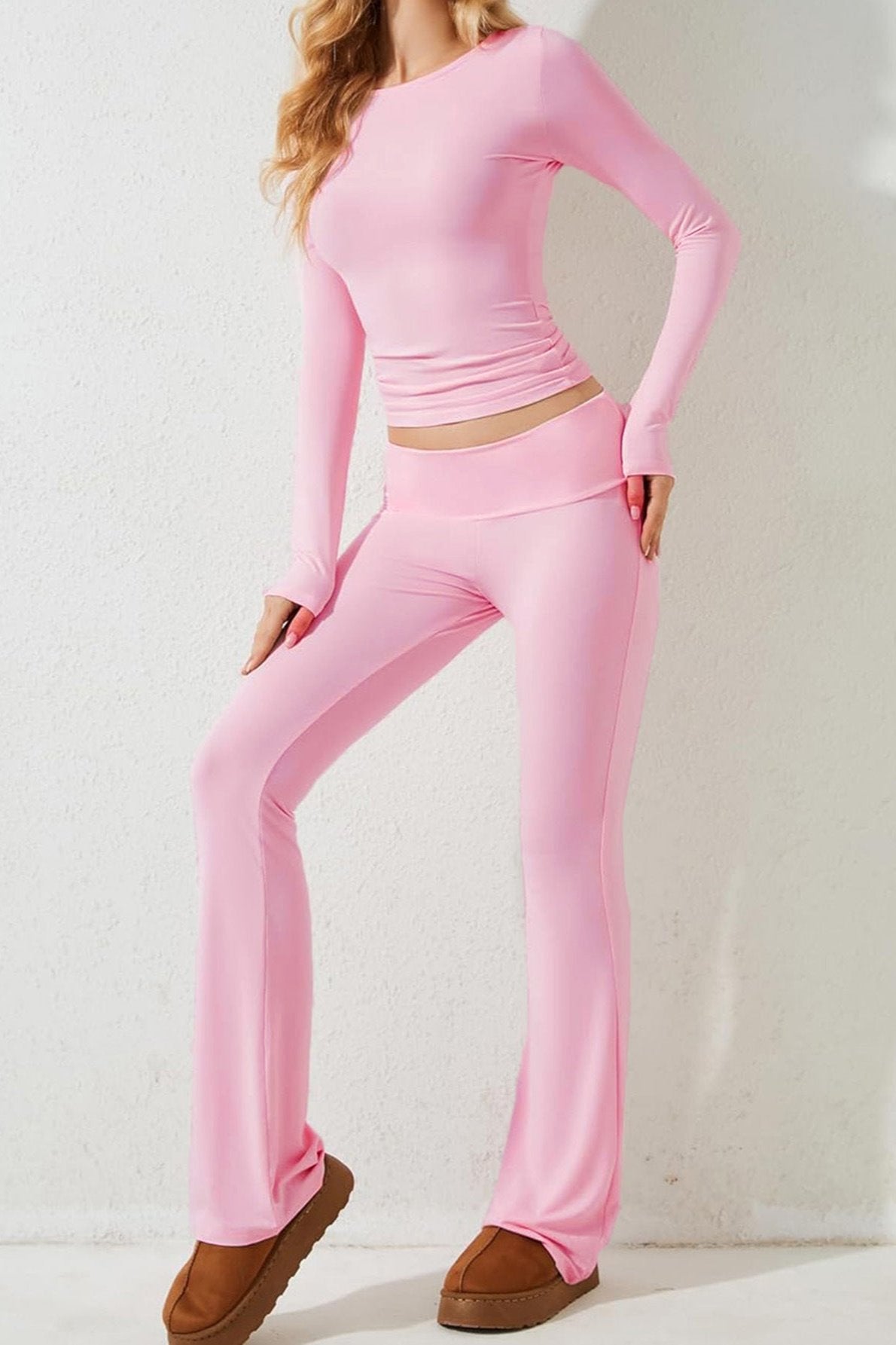 Two Piece Long Sleeve Crop Top Flare Pants Set