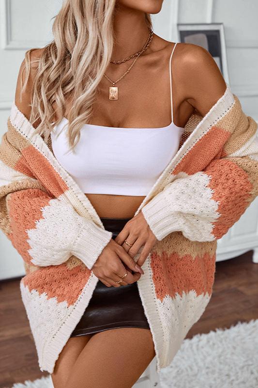 Multi Colored Lantern Sleeve V-Neck Knitted Cardigan