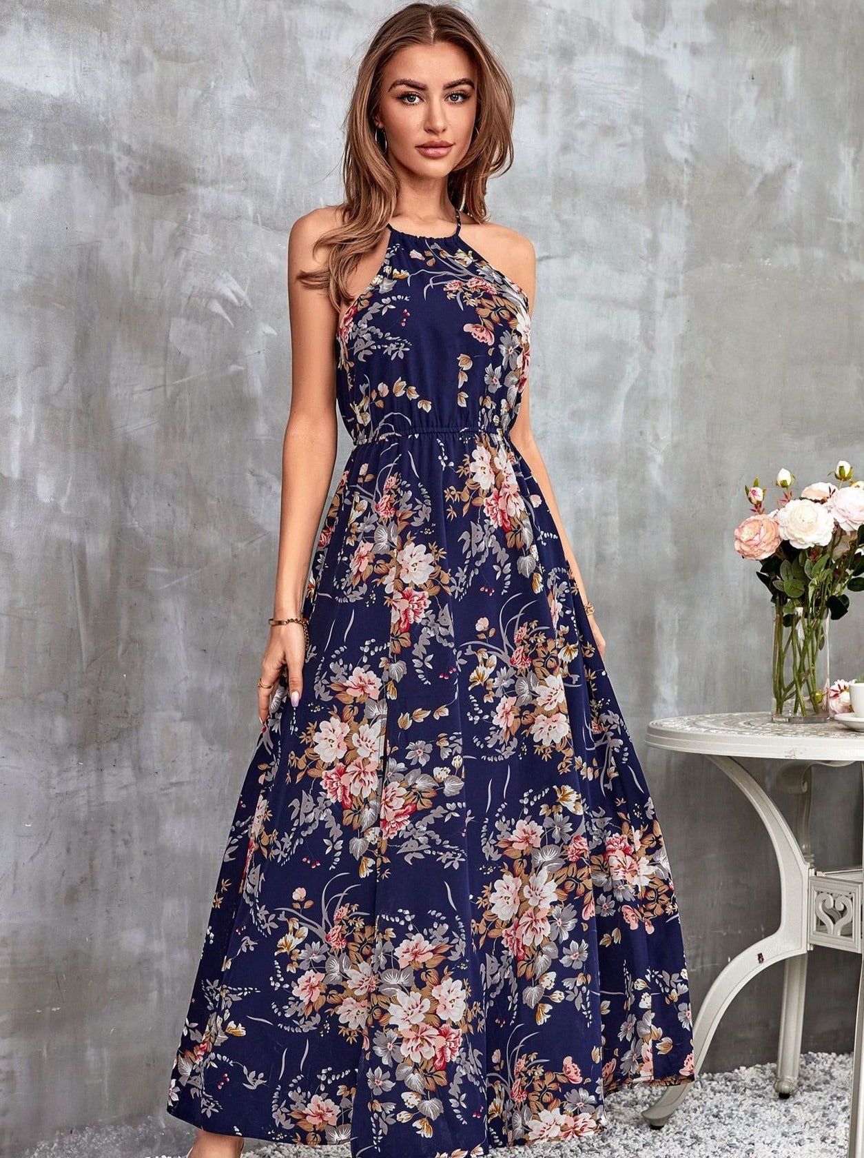 Floral Printed Halter Neck Slit Maxi Dress