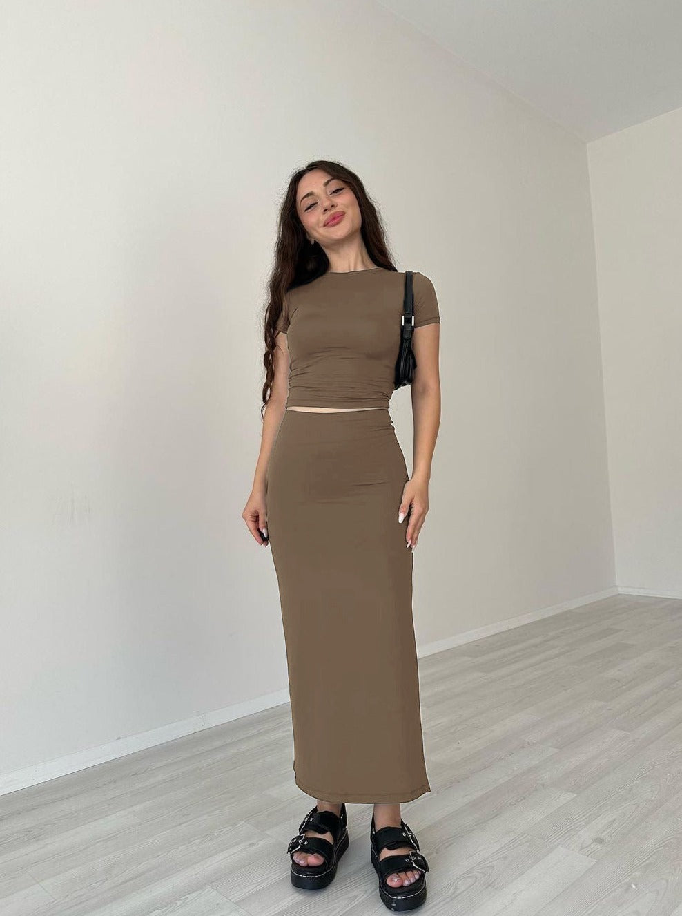 Casual Khaki Round Neck Crop Top and Skirt Set