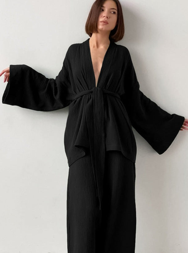 Crepe Long-Sleeves Loose Trouser Two-Piece Suit