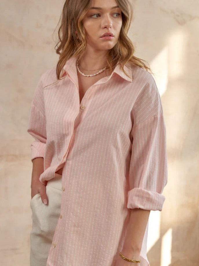 Casual Pink Loose Button Down Striped Long Sleeve Shirt