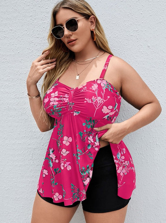 Curvy Rose Red Printed Patchwork Spaghetti Strap Tops